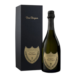 Dom Perignon champagne bottle and packaging on a white background