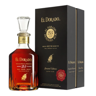 El Dorado 25 Years Rum bottle with a clear glass decanter and a black presentation box, shown on a white background.