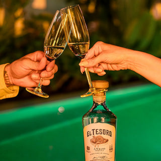 Two hands clink champagne glasses above a bottle of El Tesoro Añejo Tequila 750ml, known for its cooked agave and toasted oak flavors, with a blurred green background hinting at a festive celebration.