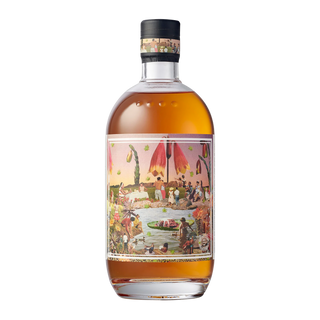 Bottle of liquor with a colorful label featuring people and activities on a white background