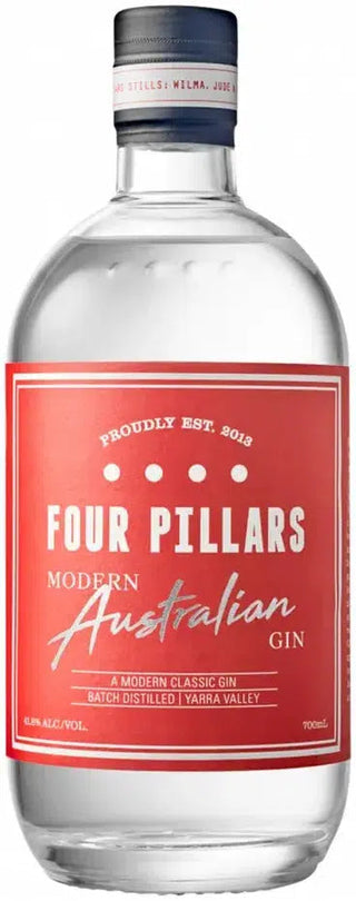 700 ml bottle of Four Pillars Modern Australian Gin showing clear glass bottle with bold red and white label and modern design