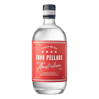 Four Pillars Modern Australian Gin bottle with a red label on a white background