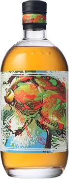 Bottle of rum with a colorful parrot label on a white background