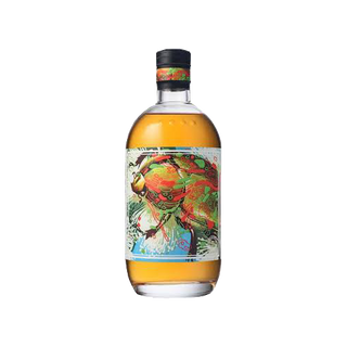 Bottle of Four Pillars Christmas Gin 2017 with a colorful parrot label on a white background