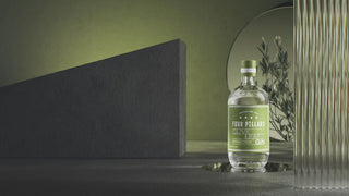 Bottle of Four Pillars gin on a dark surface with a green background