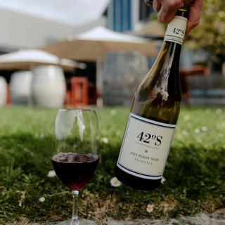 Person holding a bottle of 42 Degrees South wine with a glass on a grassy outdoor setting.