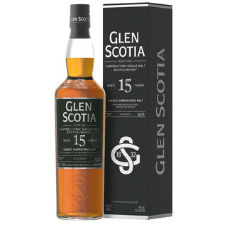 A bottle of Glen Scotia 15 Year Old Single Malt Scotch Whisky stands beside its black box packaging, both featuring white and silver branding, suggesting flavors of dark chocolate and citrus zest.