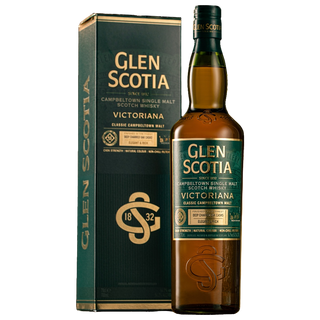 A bottle of Glen Scotia Victoriana Single Malt Scotch Whisky stands beside its dark green and gold box, both displaying the brand name and product details, evoking hints of caramelised fruits and rich dark chocolate.