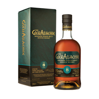 A bottle of GlenAllachie 8 Year Old Single Malt Scotch Whisky stands beside a box, offering aromas with notes of dark chocolate and golden syrup.