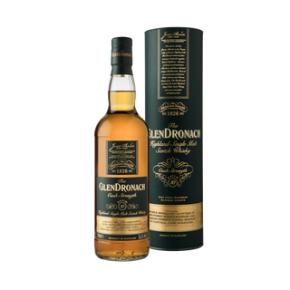 A bottle of Glendronach Cask Strength Batch 10 Single Malt Scotch Whisky is displayed before its matching dark green and gold box, featuring a label with batch details and tasting notes of sherry sweetness and rich dried fruits.