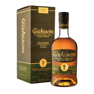 A bottle of GlenAllachie 7 Year Old Hungarian Oak Single Malt Scotch Whisky is next to its matching box. Hints of honey and dark chocolate complement the bold yellow and white text showing its name and details.