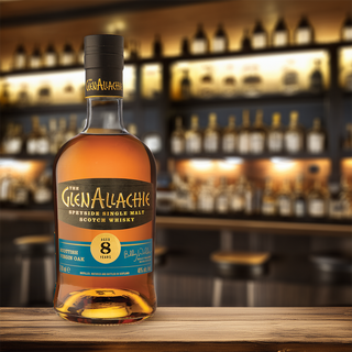 A bottle of GlenAllachie 8 Year Old Scottish Oak Single Malt Scotch Whisky sits on a wooden bar top, its toasted oak and sweet honey notes enhanced by blurred liquor bottles and warm lighting in the background.