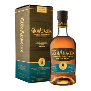 A bottle of GlenAllachie 8 Year Old Scottish Oak Single Malt Scotch Whisky stands next to its brown, gold, and blue box, highlighting Limited Edition status and notes of sweet honey.