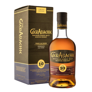 A bottle of GlenAllachie 10 Year Old Chinquapin Virgin Oak Finish Single Malt Scotch Whisky stands by its box, both featuring gold and white text on dark backgrounds highlighting the Virgin Oak Series, Limited Edition, and notes of crème brûlée and caramelised fruits.