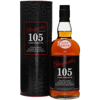 A bottle of Glenfarclas 105 Cask Strength Single Malt Scotch Whisky sits beside its matching cylindrical black and red packaging, the label emphasizing its robust strength and notes of oak and orchard fruits.