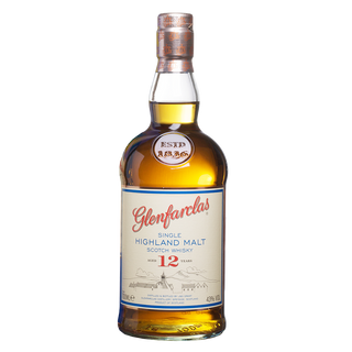 A bottle of Glenfarclas 12 Year Old Single Malt Scotch Whisky, featuring rich malt and toffee notes, light amber liquid, a cream label with red and blue text, is displayed against a plain white background.