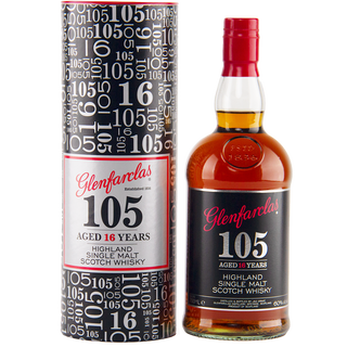 A bottle of Glenfarclas 105 16 Year Old Cask Strength Single Malt Scotch Whisky stands by its black and silver cylindrical box, both with red and white text; the whisky offers rich sherried oak notes and hints of dark chocolate.