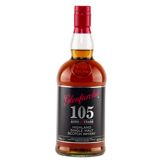 A bottle of Glenfarclas 105 16 Year Old Cask Strength Single Malt Scotch Whisky features a black label with red and white text on clear glass. The amber liquid inside offers notes of sherried oak and rich dark chocolate.