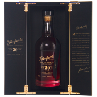 Glenfarclas 50-year-old whisky bottle in a black box with gold accents