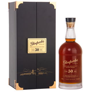 Glenfarclas 50-year-old whisky bottle and packaging on a white background