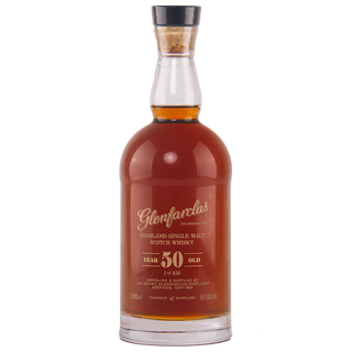 Glenfarclas 50-year-old whisky bottle on a white background