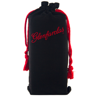 Black drawstring bag with red Glenfarclas logo on a white background