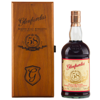 Glenfarclas 58-year-old whisky bottle and wooden box on a white background