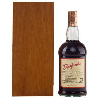 Glenfarclas whiskey bottle with wooden box on a white background