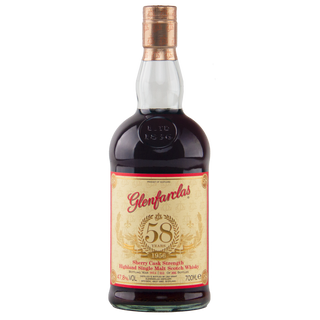 Glenfarclas 58-year-old whisky bottle on a white background