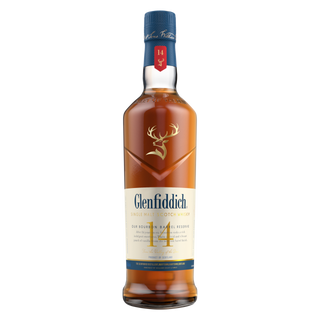 A bottle of Glenfiddich 14 Year Old Bourbon Barrel Reserve Single Malt Scotch Whisky with a blue cap and label, featuring a stag logo—offers rich toffee and smooth vanilla notes against a white background.