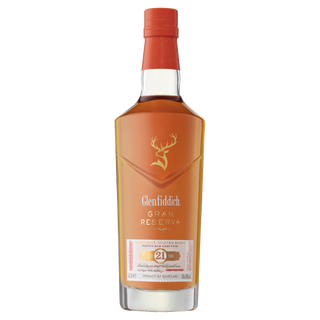 A bottle of Glenfiddich 21 Year Old Gran Reserva Single Malt Scotch Whisky with an orange cap and label, gold stag logo, and tasting notes of tropical fruit and toffee.