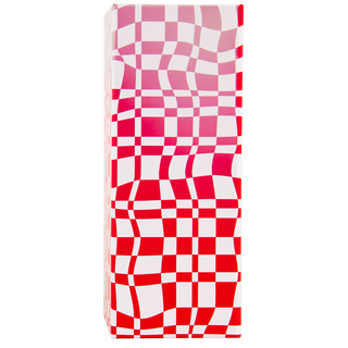 The Glenfiddich Grand Cru 23 Year Old x Jordan Dalah Box Set features a tall rectangular box with a red and white checkered design, its wavy lines resembling flaky pastry for an optical illusion effect, set against a plain white background.