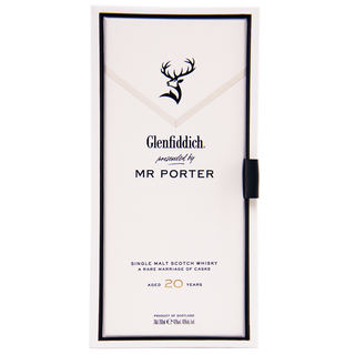 A white rectangular Glenfiddich Mr. Porter 20 Year Old Single Malt Scotch Whisky box features a stag logo and “Presented by MR PORTER.” Below, it reads: “A Rare Marriage of Casks, celebrated for creamy caramel and floral notes.”.