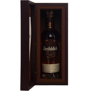 Glenfiddich whisky bottle in a wooden box on a white background