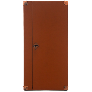 Brown leather suitcase with a lock on a white background