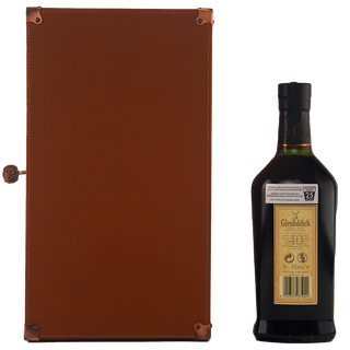Glenfiddich whisky bottle with a brown leather case on a white background