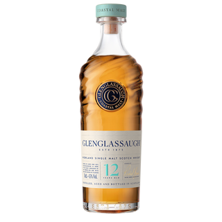 A bottle of Glenglassaugh 12 Year Old Single Malt Scotch Whisky featuring a twisted clear glass design, blue and beige label, “Coastal Malt” on the neck, with notes of creamy vanilla and sweet malt.