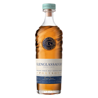 A bottle of Glenglassaugh Portsoy Single Malt Scotch Whisky with a sculpted glass design, blue and gold label, and blue cap stamped Coastal Malt—ideal for those who enjoy rich and fruity whisky.