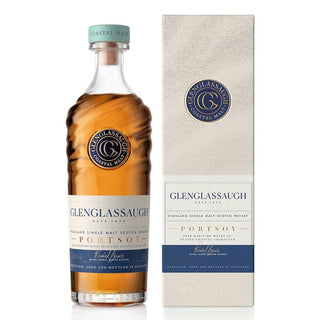 A bottle of Glenglassaugh Portsoy Single Malt Scotch Whisky stands beside its white and blue box, both adorned with the distillery logo and product details, emphasizing this rich whisky’s sweet malt notes in elegant lettering.