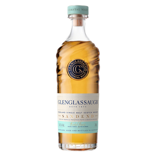 A bottle of Glenglassaugh Sandend Single Malt Scotch Whisky with a light golden hue, sculpted glass, blue and white labels, a round blue cap marked Coastal Malt; offers notes of tropical fruit and salted caramel.