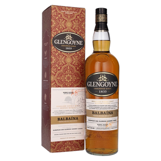 A bottle of Glengoyne Balbaina Single Malt Scotch Whisky stands beside its ornate red and gold box, with white and gold label details hinting at sherry notes and spiced raisins.