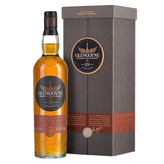 A bottle of Glengoyne 18 Year Old Single Malt Whisky is displayed beside its matching decorative box, both bearing the Glengoyne logo and age statement, suggesting notes of sherry sweetness and spicy oak.
