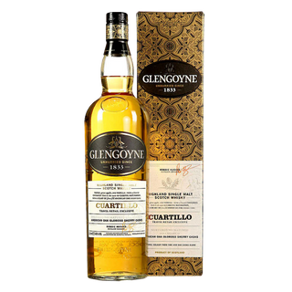 A bottle of Glengoyne Cuartillo Single Malt Scotch Whisky stands before its elegant gold and white packaging, both displaying the Glengoyne logo and decorative patterns that suggest hints of sherried sweetness and dried fruits.