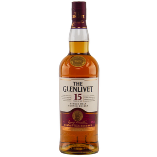 The Glenlivet 15-year-old single malt Scotch whisky bottle on a white background
