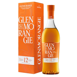 A bottle of Glenmorangie The Original 12 Year Old Single Malt Scotch Whisky features an orange label and box with white and gold accents, offering inviting notes of vanilla, honey, and citrus.
