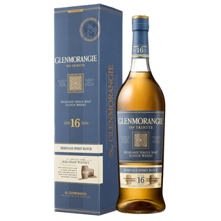 A bottle of Glenmorangie 16 Year Old Tribute Single Malt Scotch Whisky, with floral notes, is positioned beside its blue and gold box. Both the bottle and box feature the Glenmorangie name and product details.
