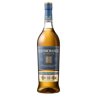 A bottle of Glenmorangie 16 Year Old Tribute Single Malt Scotch Whisky featuring floral notes and vanilla cream, shown with its blue and gold label on a plain white background.
