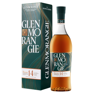 A bottle of Glenmorangie 14 Year Old Quinta Ruban Single Malt Scotch Whisky stands by its teal and orange packaging, hinting at rich dark chocolate and caramel notes beneath bold white lettering.