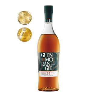 A bottle of Glenmorangie 14 Year Old Quinta Ruban Single Malt Scotch Whisky and two coins, hinting at notes of toffee and dark chocolate.