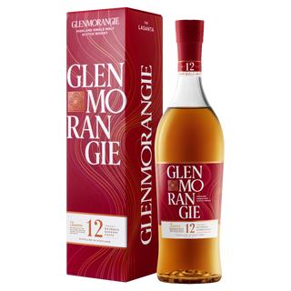 A bottle of Glenmorangie 12 Year Old Lasanta Single Malt Scotch Whisky stands beside its red and gold box, both displaying the Glenmorangie logo and details about the Lasanta expression, known for its notes of figs and rich chocolate.